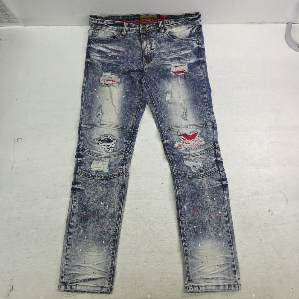 Makobi Biker Jeans Men's Size 36x32 Acid Wash Distressed Paint Splatter Moto